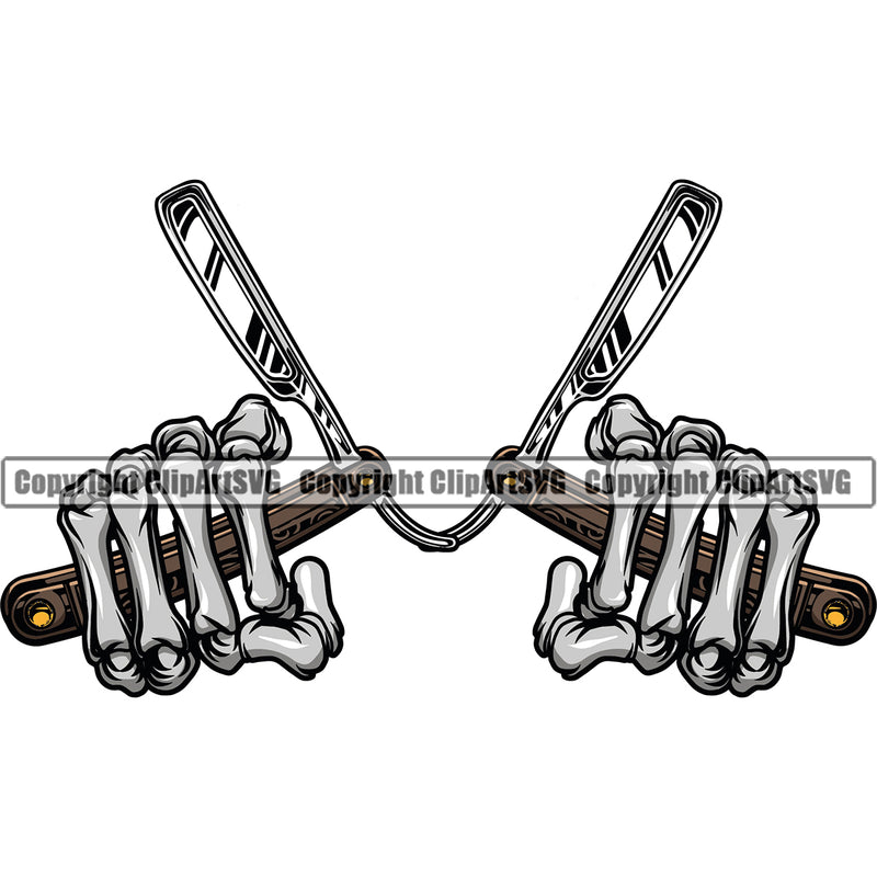 Barber Skeleton Hands Holding Clippers Hairdresser Haircut Hairstyle Hairstylist Beauty Salon Beard Shave Shaving Groom Grooming Design Element Retro Vintage Business Company Scissors Razor Barbershop Hair Cut Logo Clipart SVG