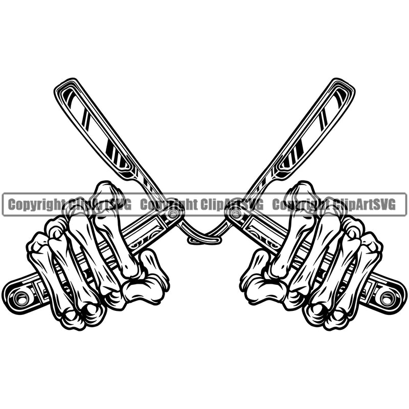 Barber Skull Skeleton Hands Holding Clipper Clippers Scissors Razor Barbershop Hair Cut Hairstyle Hairstylist Beauty Salon Beard Shave Shaving Groom Grooming Design Element Retro Vintage Business Company Logo Clipart SVG