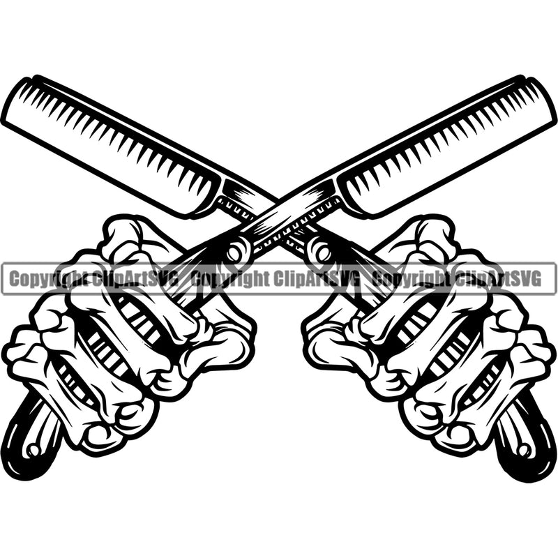 Barber Shop Skeleton Hands Holding Clippers Scissors Razor Barbershop Mustache Hairdresser Haircut Hairstyle Hairstylist Beauty Salon Beard Shave Shaving Groom Design Element Retro Vintage Business Company Logo Clipart SVG