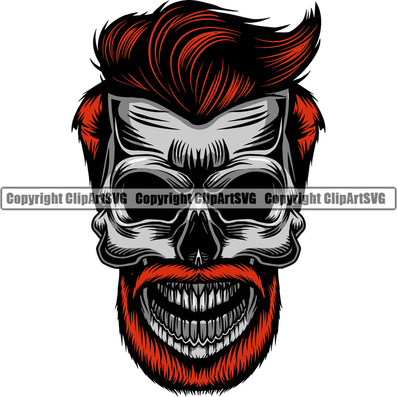 Barber Skull Red Color Design Element Clippers Scissors Razor Barbershop Hair Cut Hairdresser Haircut Hairstyle Hairstylist Beauty Salon Beard Shave Shaving Groom Grooming Retro Vintage Business Company Logo Clipart SVG