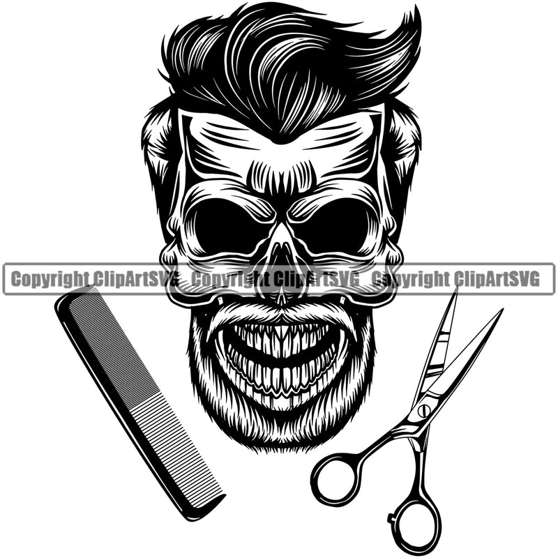 Barber Skull Skeleton Clipper Clippers Scissors Razor Barbershop Hairdresser Haircut Hairstyle Hairstylist Beauty Salon Beard Shave Shaving Groom Design Element Retro Vintage Company Logo Clipart SVG
