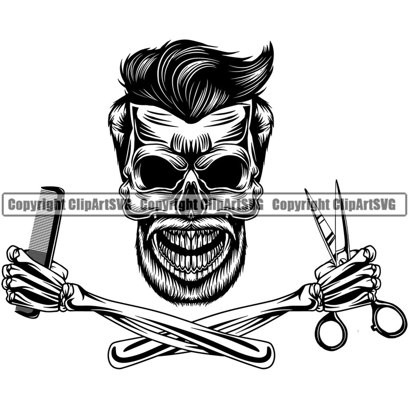 Barber Skull Skeleton Clipper Clippers Scissors Razor Hairstylist Beauty Salon Beard Shave Shaving Groom Design Element Retro Vintage Barbershop Hair Cut Hairdresser Hairstyle Company Logo Clipart SVG