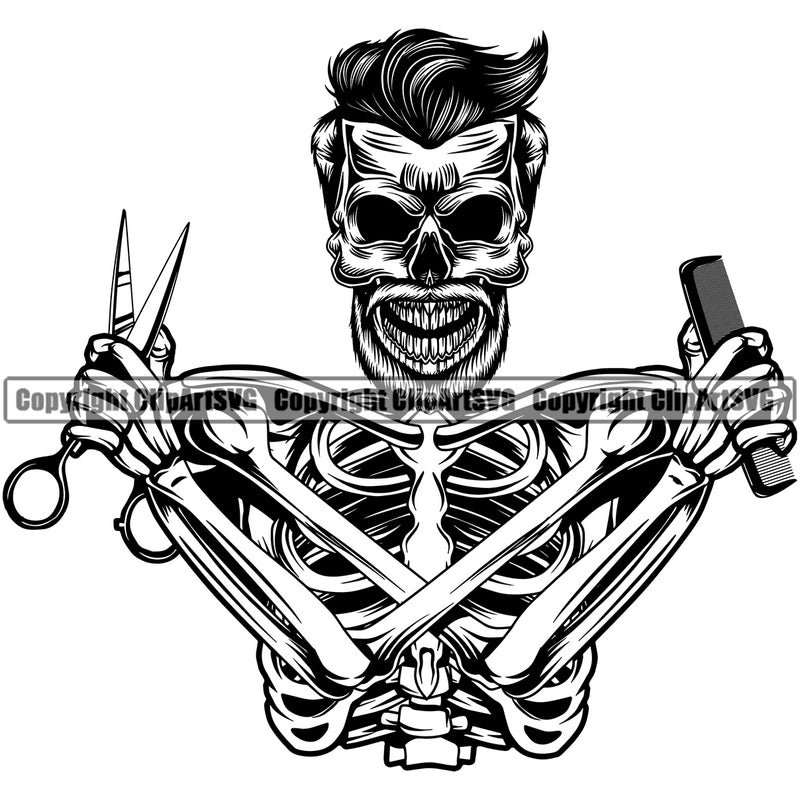 Barber Skull Happy Face Design Element Clipper Clippers Scissors Razor Barbershop Retro Vintage Business Company Logo Hair Cut Hairdresser Haircut Hairstyle Hairstylist Beauty Salon Beard Shave Shaving Groom Grooming Clipart SVG