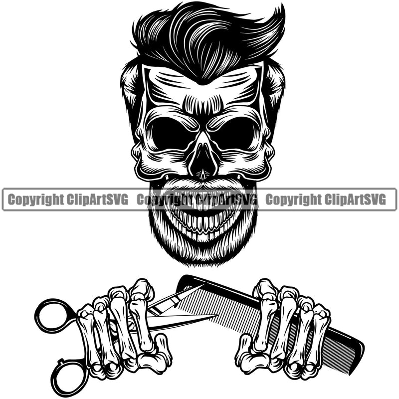 Barber Skull Design Element Clipper Clippers Scissors Barbershop Hair Cut Haircut Hairstyle Hairstylist Beauty Salon Beard Shave Shaving Groom Grooming Design Element Retro Vintage Company Logo Clipart SVG