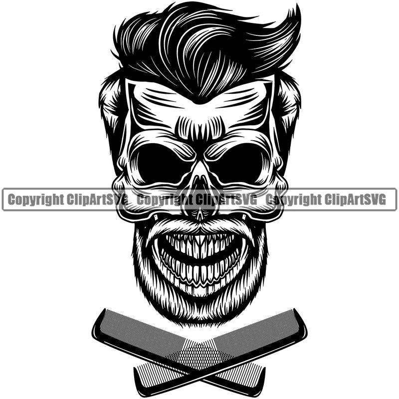 Barber Skull Skeleton Smile Face Design Element Clipper Clippers Scissors Razor Barbershop Hair Cut Hairdresser Haircut Hairstyle Hairstylist Beauty Salon Beard Shave Shaving Groom Grooming Vintage Business Company Logo Clipart SVG
