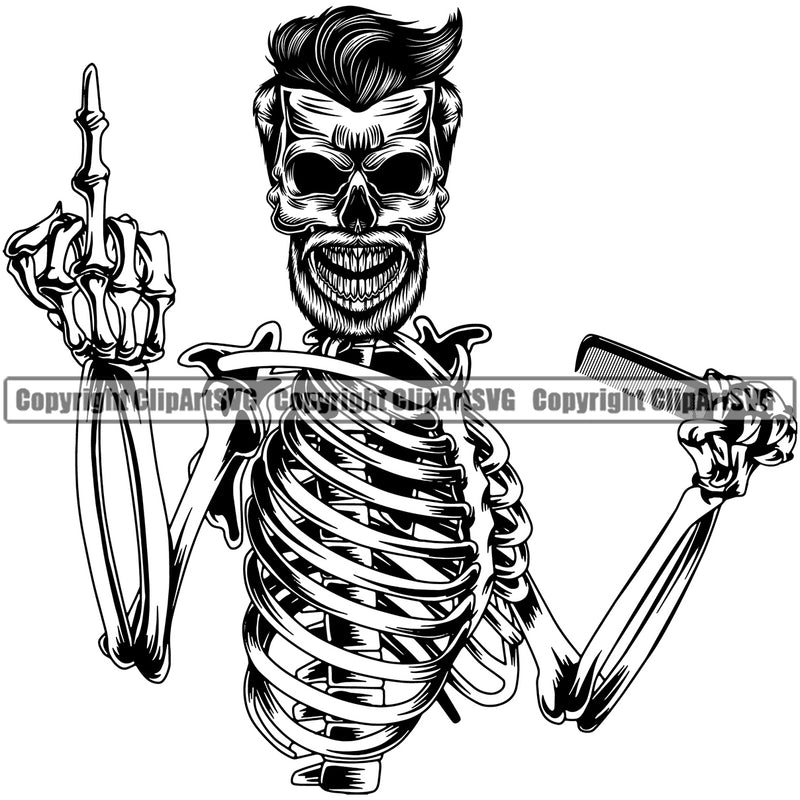 Barber Skull Middle Finger Hand Holding Sign Clipper Clippers Scissors Barbershop Hair Cut Hairdresser Haircut Hairstyle Hairstylist Beauty Salon Beard Shave Groom Grooming Design Element Retro Vintage Business Logo Clipart SVG