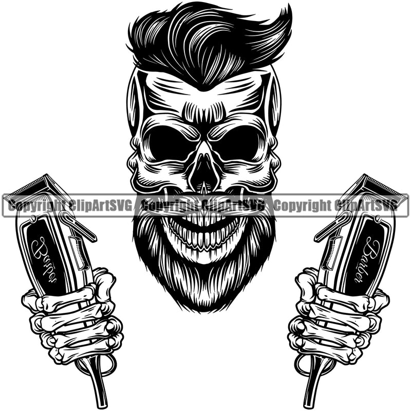 Barber Skull Skeleton Design Element Clipper Clippers Razor Barbershop Hair Cut Hairdresser Haircut Hairstyle Hairstylist Beauty Beard Shave Shaving Groom Retro Vintage Business Company Logo Clipart SVG