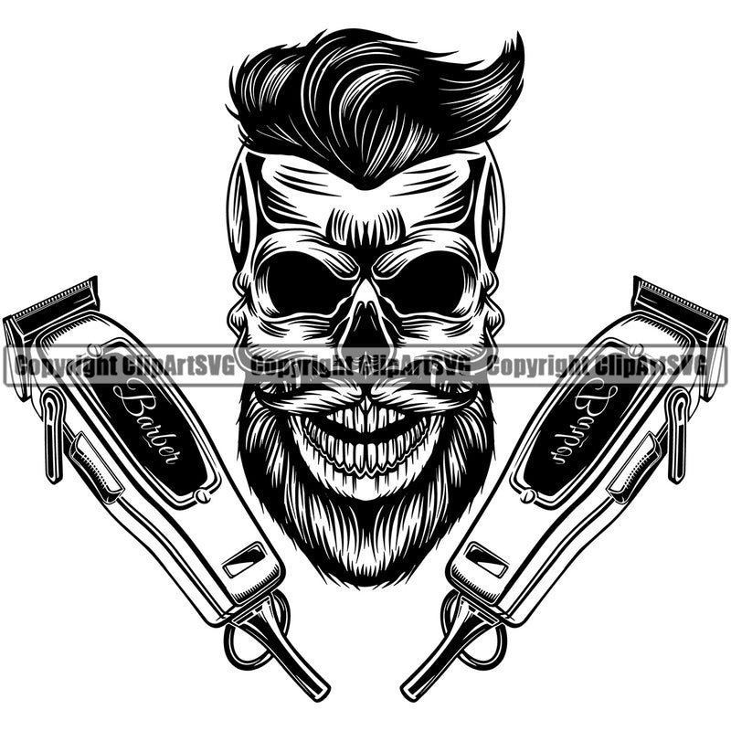 Barber Skull Skeleton Clipper Clippers Scissors Razor Barbershop Hairdresser Haircut Hairstyle Hairstylist Beauty Salon Beard Shave Groom Grooming Design Element Retro Vintage Company Logo Clipart SVG