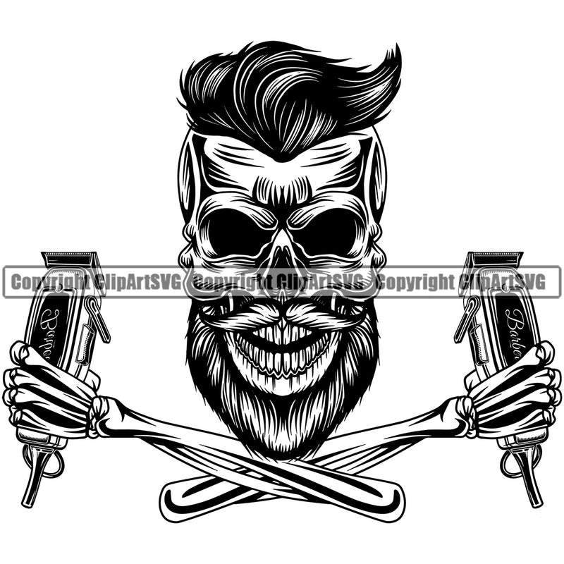 Barber Skull Clipper Clippers Scissors Razor Barbershop Happy Face Hairdresser Haircut Hairstyle Hairstylist Beauty Salon Shave Groom Grooming Design Element Retro Vintage Business Logo Clipart SVG