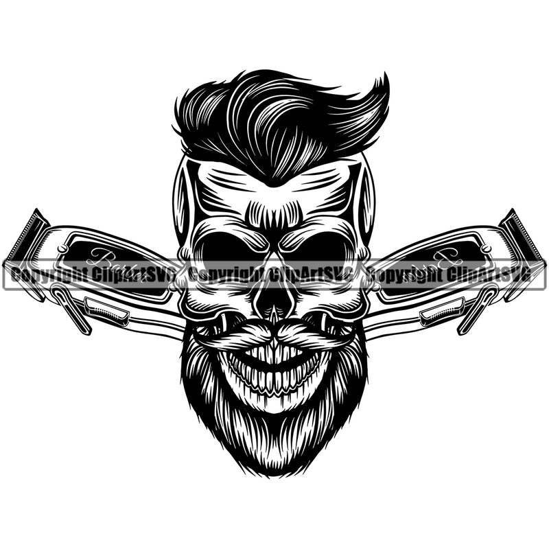 Barber Skull Skeleton Clipper Clippers Scissors Razor Barbershop Hair Cut Hairdresser Haircut Hairstyle Hairstylist Beauty Salon Beard Shave Grooming Design Element Retro Vintage Company Logo Clipart SVG