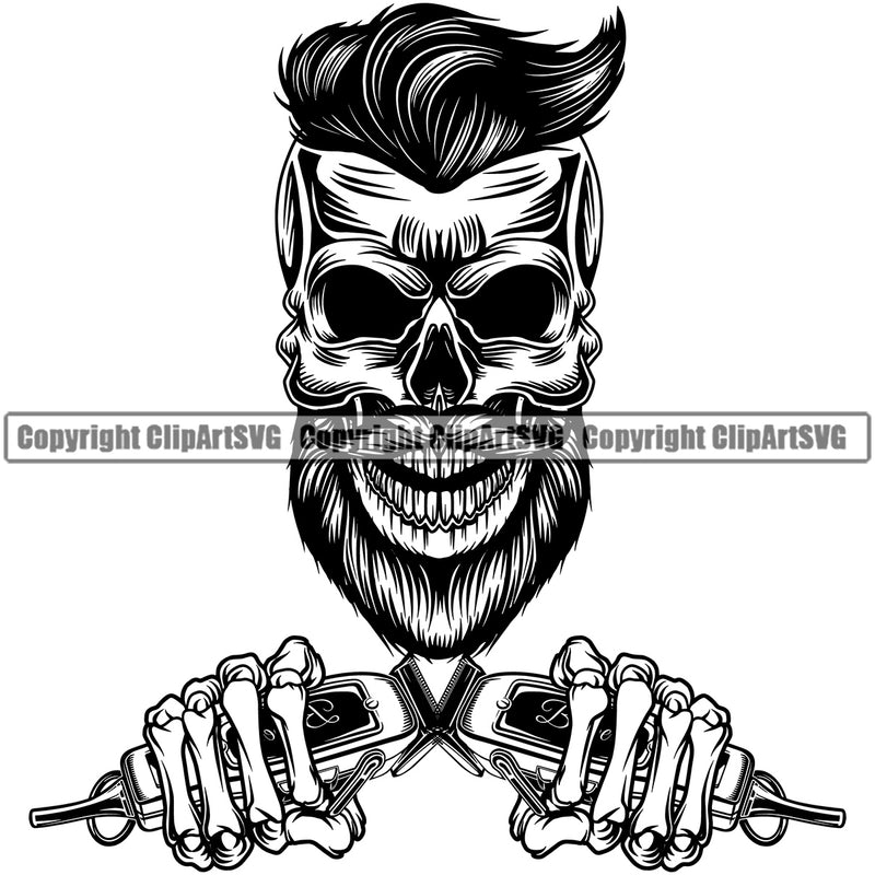 Barber Skull Skeleton Clipper Scissors Razor Barbershop Hair Cut Haircut Hairstyle Hairstylist Beauty Salon Beard Shave Shaving Groom Grooming Design Element Retro Vintage Company Logo Clipart SVG