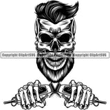 Barber Skull Skeleton Clipper Scissors Razor Barbershop Hair Cut Haircut Hairstyle Hairstylist Beauty Salon Beard Shave Shaving Groom Grooming Design Element Retro Vintage Company Logo Clipart SVG