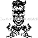 Barber Skull Clipper Clippers Scissors Razor Barbershop Hair Cut Hairdresser Haircut Hairstyle Hairstylist Beauty Salon Beard Shave Shaving Groom Design Element Retro Business Company Logo Clipart SVG