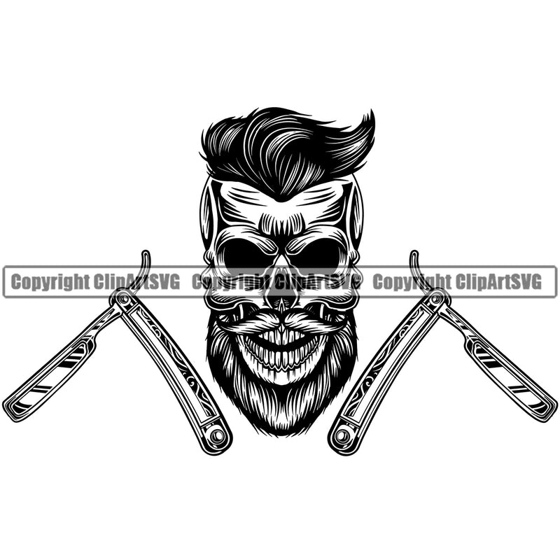 Barber Skull Razor Design Element Clipper Clippers Scissors Shave Shaving Groom Grooming Retro Barbershop Hair Cut Hairdresser Haircut Hairstyle Hairstylist Beauty Salon Beard Vintage Business Company Logo Clipart SVG