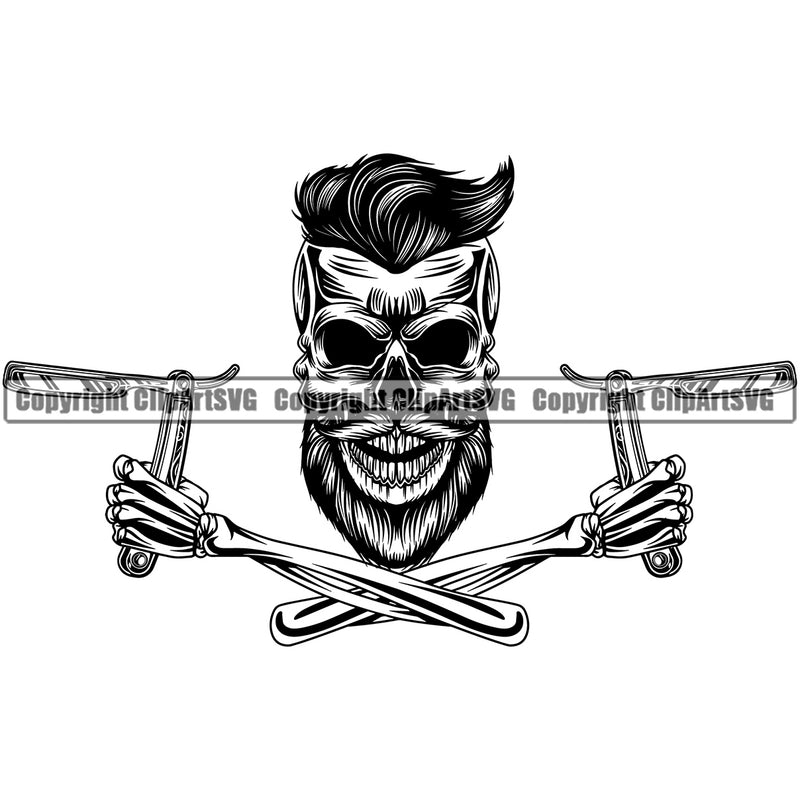 Barber Skull Arms Design Element Clipper Clippers Scissors Razor Barbershop Hair Cut Hairdresser Shave Shaving Groom Grooming Retro Vintage Business Company Haircut Hairstyle Hairstylist Beauty Salon Beard Logo Clipart SVG