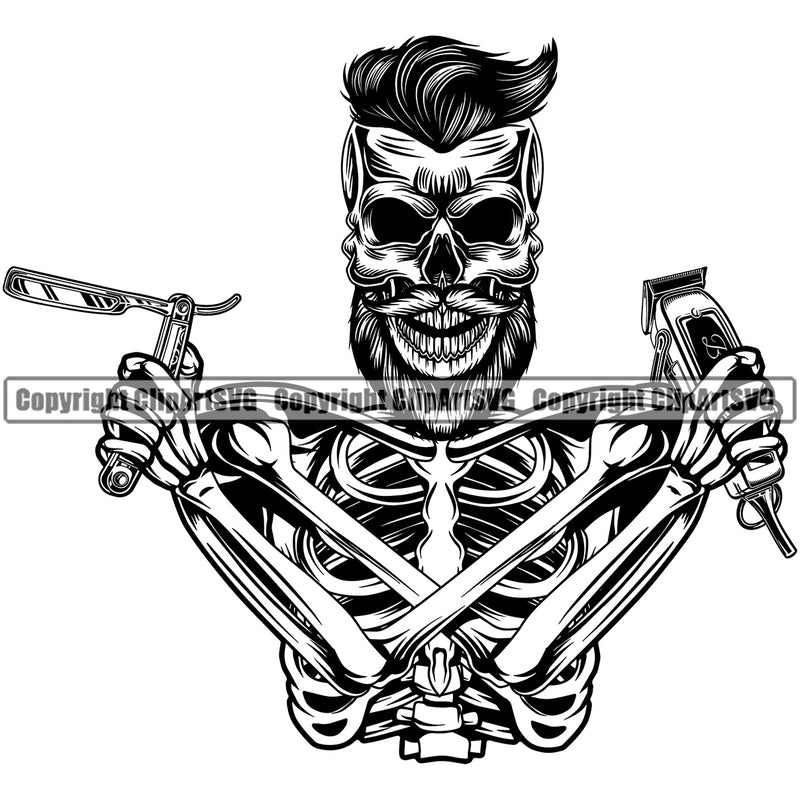 Barber Skull Design Element Clipper Clippers Scissors Razor Barbershop Shaving Groom Grooming Retro Vintage Business Company Logo Hair Cut Hairdresser Haircut Hairstyle Hairstylist Beauty Salon Beard Shave Clipart SVG