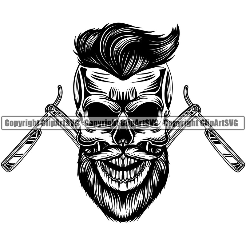 Barber Skull Design Element Clipper Clippers Scissors Razor Barbershop Hair Cut Mustache Professional Hairdresser Haircut Hairstylist Beauty Beard Shave Groom Grooming Retro Vintage Business Company Logo Clipart SVG