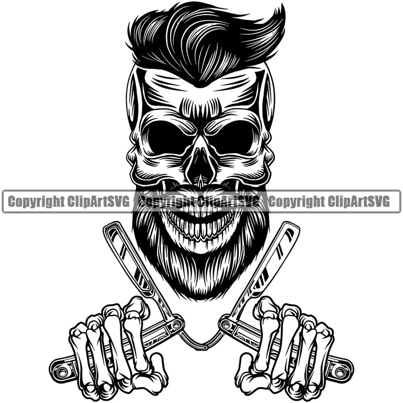 Barber Skull Skeleton Mustache Professional Clipper Clippers Scissors Razor Barbershop Hair Cut Hairdresser Haircut Hairstyle Hairstylist Salon Shave Shaving Groom Design Element Retro Vintage Company Logo Clipart SVG