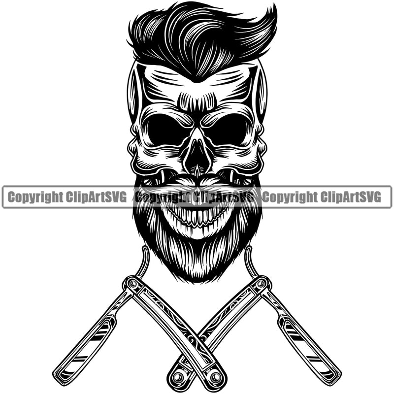 Barber Skull Mustache Professional Clipper Clippers Scissors Razor Barbershop Hair Cut Hairdresser Haircut Hairstyle Beauty Salon Beard Shave Groom Design Element Retro Vintage Business Logo Clipart SVG
