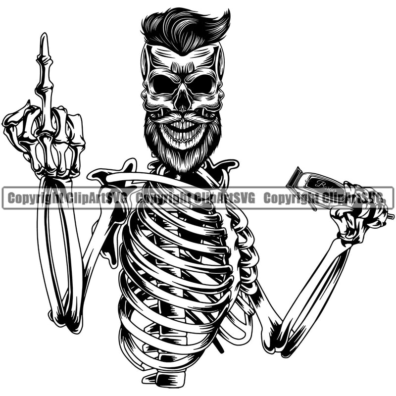 Barber Skull Skeleton Mustache Professional Clipper Clippers Scissors Razor Barbershop Hair Cut Hairdresser Haircut Hairstyle Hairstylist Beauty Shave Shaving Groom Design Element Retro Vintage Company Logo Clipart SVG