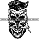 Barber Skull Angry Face Clippers Scissors Razor Barbershop Hair Cut Hairdresser Haircut Hairstyle Beauty Beard Shave Groom Grooming Retro Business Company Logo Clipart SVG