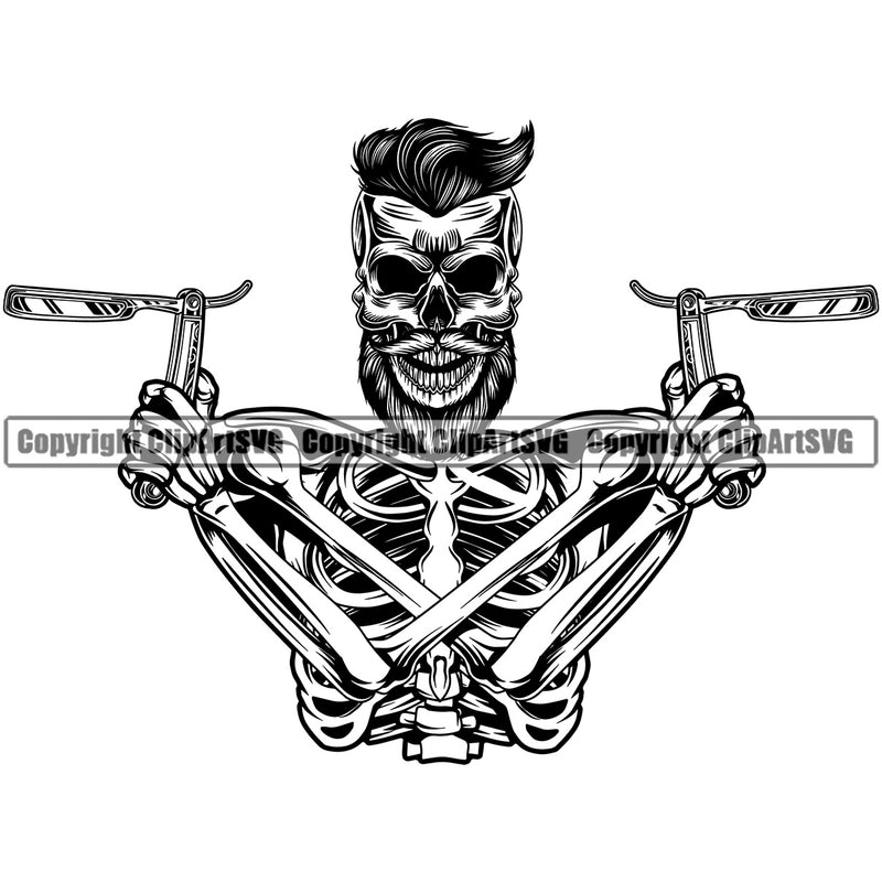 Barber Skull Head Design Element Clipper Clippers Scissors Razor Barbershop Hair Cut Hairdresser Haircut Hairstyle Beauty Salon Beard Shave Groom Grooming Retro Vintage Business Company Logo Clipart SVG