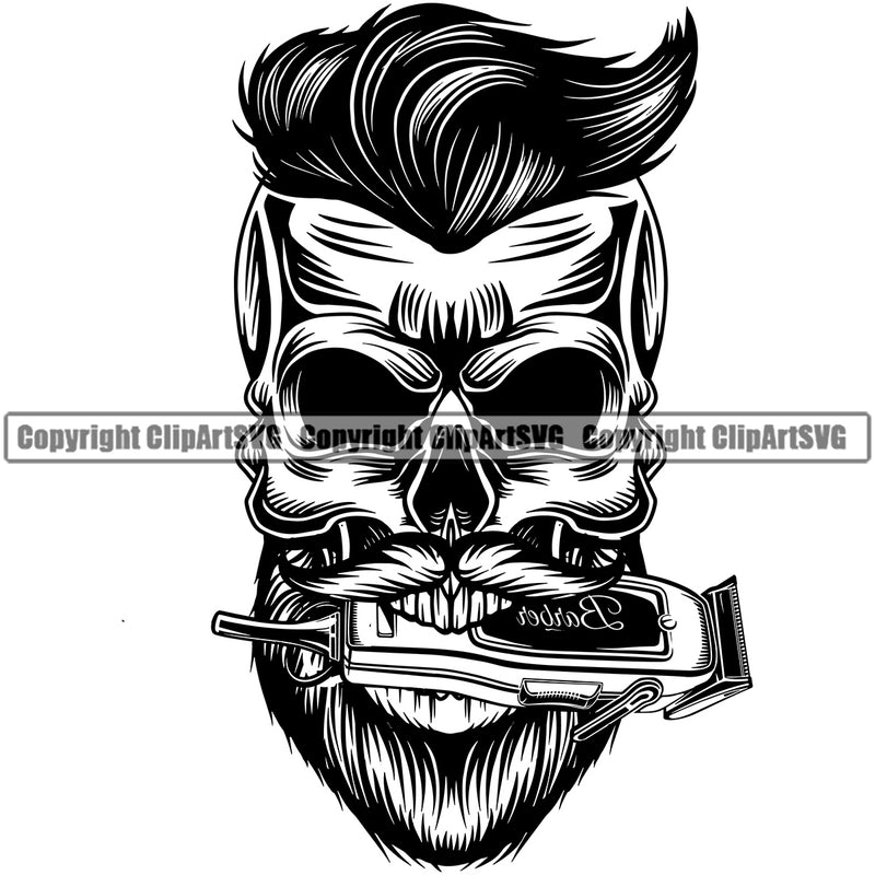 Barber Skull Clipper Clippers Scissors Razor Hair Cut Mustache Professional Hairdresser Hairstyle Beauty Salon Beard Shave Shaving Groom Grooming Design Element Retro Vintage Company Logo Clipart SVG