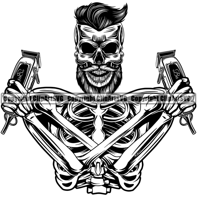 Barber Skull Skeleton Clipper Clippers Scissors Razor Barbershop Hair Cut Hairdresser Hairstyle Hairstylist Beauty Salon Beard Shave Shaving Groom Grooming Design Element Retro Business Company Logo Clipart SVG