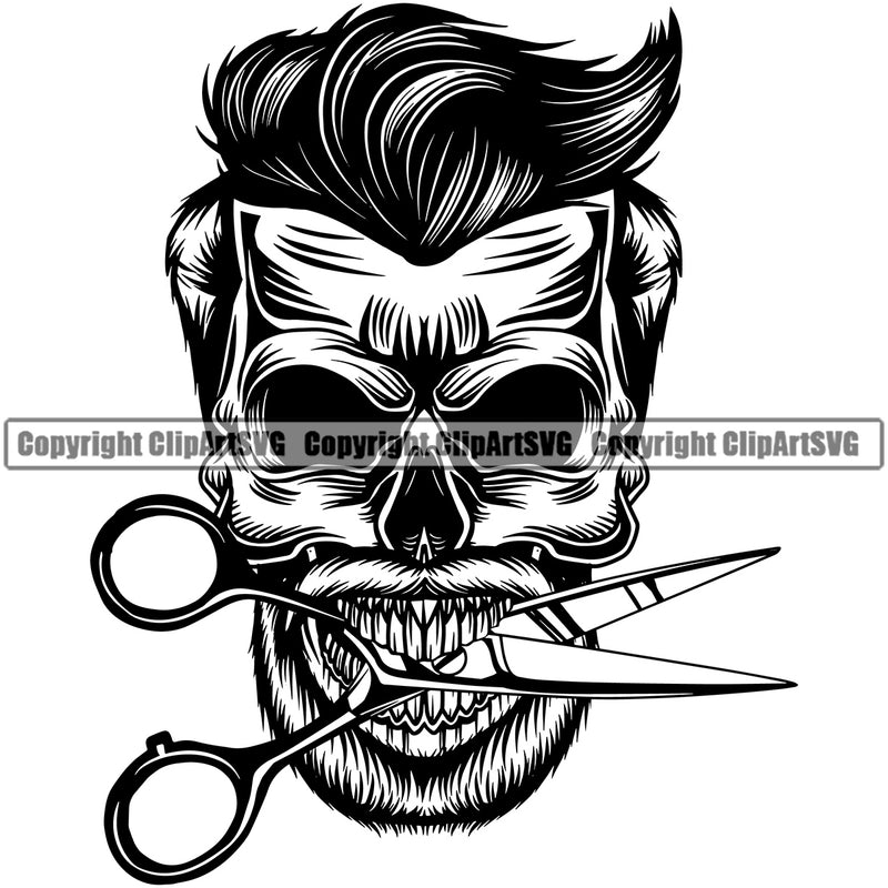 Barber Skull Skeleton Clipper Clippers Scissors Razor Barbershop Hair Cut Hairdresser Haircut Hairstyle Hairstylist Beauty Salon Beard Shave Groom Grooming Design Element Retro Vintage Company Logo Clipart SVG