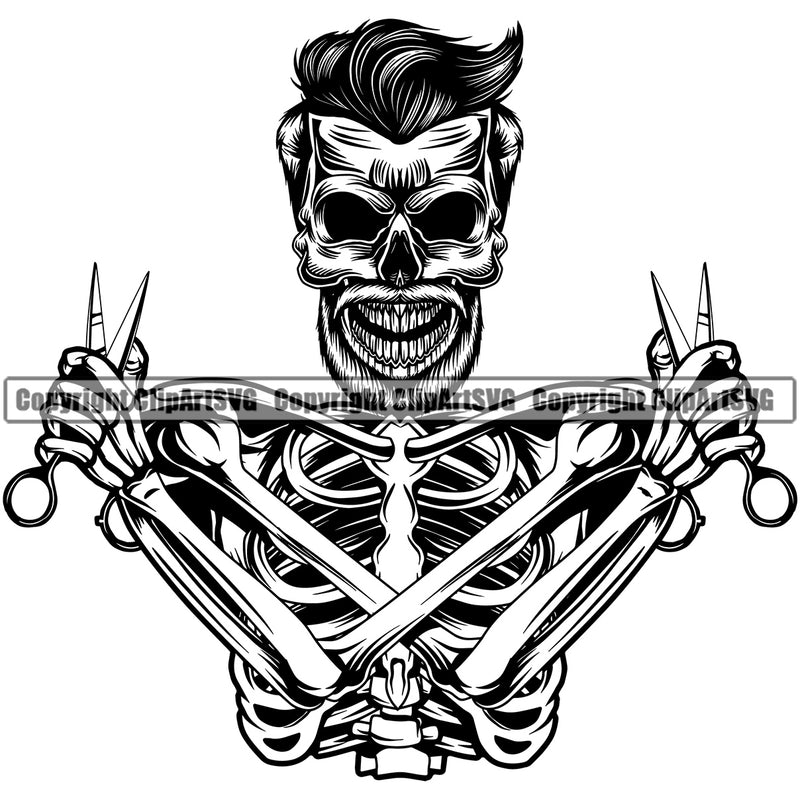 Barber Skull Skeleton Design Element Clipper Clippers Razor Barbershop Hairdresser Hairstyle Hairstylist Beard Shave Shaving Groom Vintage Business Company Logo Clipart SVG
