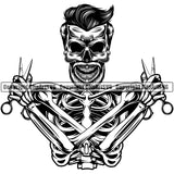 Barber Skull Skeleton Design Element Clipper Clippers Razor Barbershop Hairdresser Hairstyle Hairstylist Beard Shave Shaving Groom Vintage Business Company Logo Clipart SVG