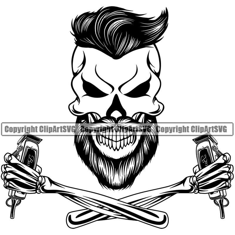 Barber Skull Design Element Retro Vintage Business Company Clipper Clippers Barbershop Hair Cut Hairdresser Haircut Hairstyle Hairstylist Beauty Salon Beard Shave Shaving Groom Grooming Logo Clipart SVG