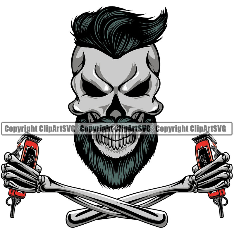 Barber Skull Mustache Professional Clippers Barbershop Hair Cut Hairdresser Haircut Hairstyle Beauty Salon Shave Shaving Groom Grooming Design Element Retro Vintage Business Company Logo Clipart SVG