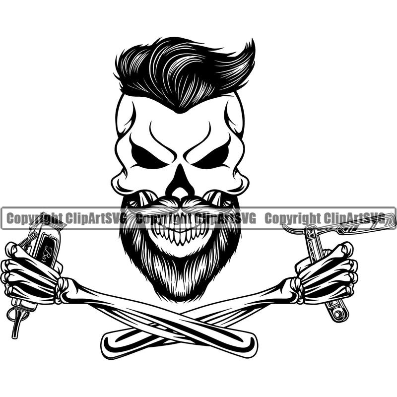 Barber Skull Arm Clippers Barbershop Salon Beard Shave Shaving Groom Grooming Design Element Retro Vintage Hair Cut Hairdresser Haircut Hairstyle Hairstylist Beauty Business Company Logo Clipart SVG