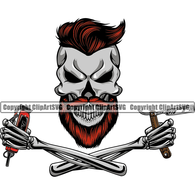 Barber Skull Head Arm Color Clipper Hairstyle Hairstylist Beauty Salon Beard Shave Shaving Groom Grooming Design Element Retro Vintage Business Company Logo Clippers Barbershop Hair Cut Hairdresser Haircut Clipart SVG