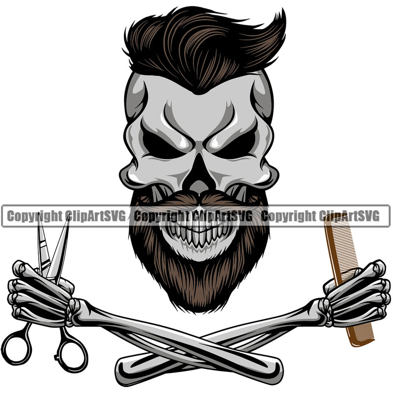 Barber Skull Arm Design Element Clipper Clippers Barbershop Hair Cut Hairdresser Haircut Hairstyle Hairstylist Beauty Salon Beard Shave Shaving Groom Grooming Retro Vintage Business Company Logo Clipart SVG