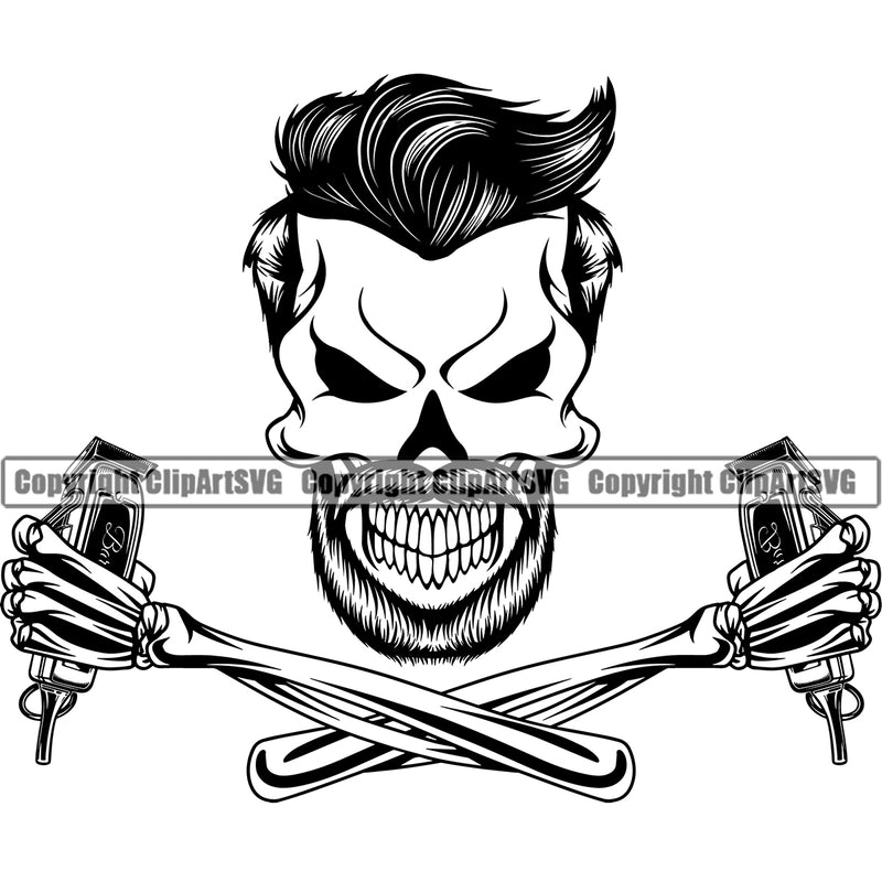 Barber Skull Logo Design Element Head Arm Haircut Hairstyle Hairstylist Beauty Salon Beard Shave Shaving Clipper Clippers Barbershop Hair Cut Hairdresser Groom Grooming Retro Vintage Business Company Logo Clipart SVG