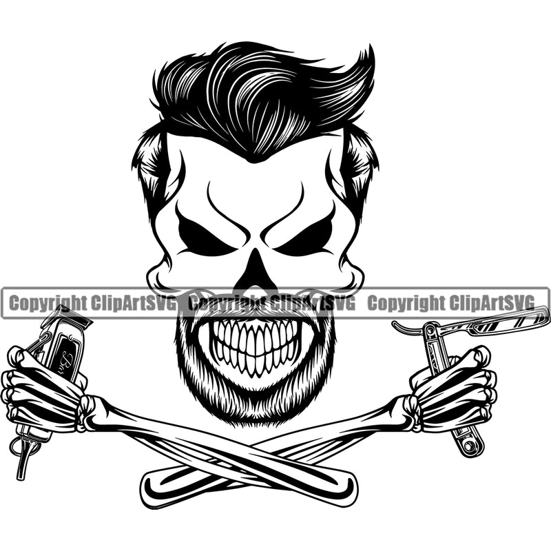 Barber Skull Clipper Clippers Beauty Salon Beard Shave Shaving Groom Grooming Design Element Retro Barbershop Hair Cut Hairdresser Haircut Hairstyle Hairstylist Company Logo Clipart SVG
