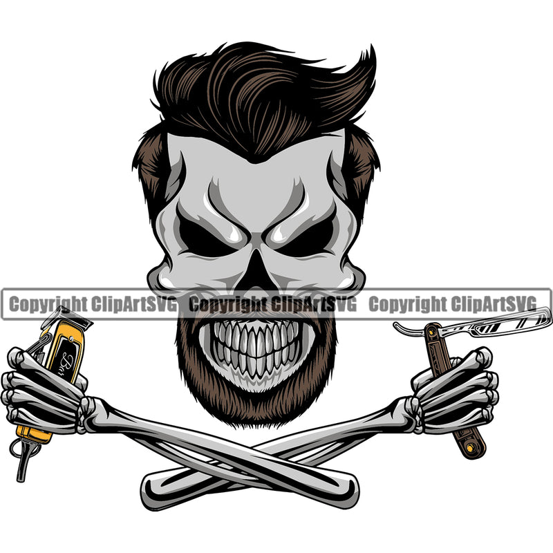 Barber Skull Design Element Mustache Professional Clippers Hairstylist Beauty Salon Beard Shave Shaving Groom Grooming Retro Vintage Business Company Barbershop Hair Cut Hairdresser Haircut Hairstyle Logo Clipart SVG