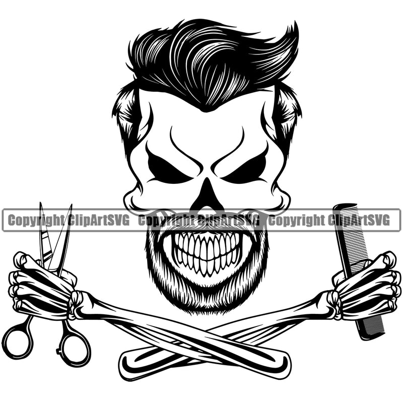 Barber Skull Color Design Element Clipper Clippers Hairstyle Hairstylist Beauty Salon Beard Shave Shaving Groom Grooming Design Element Retro Vintage Barbershop Hair Cut Hairdresser Haircut Business Company Logo Clipart SVG