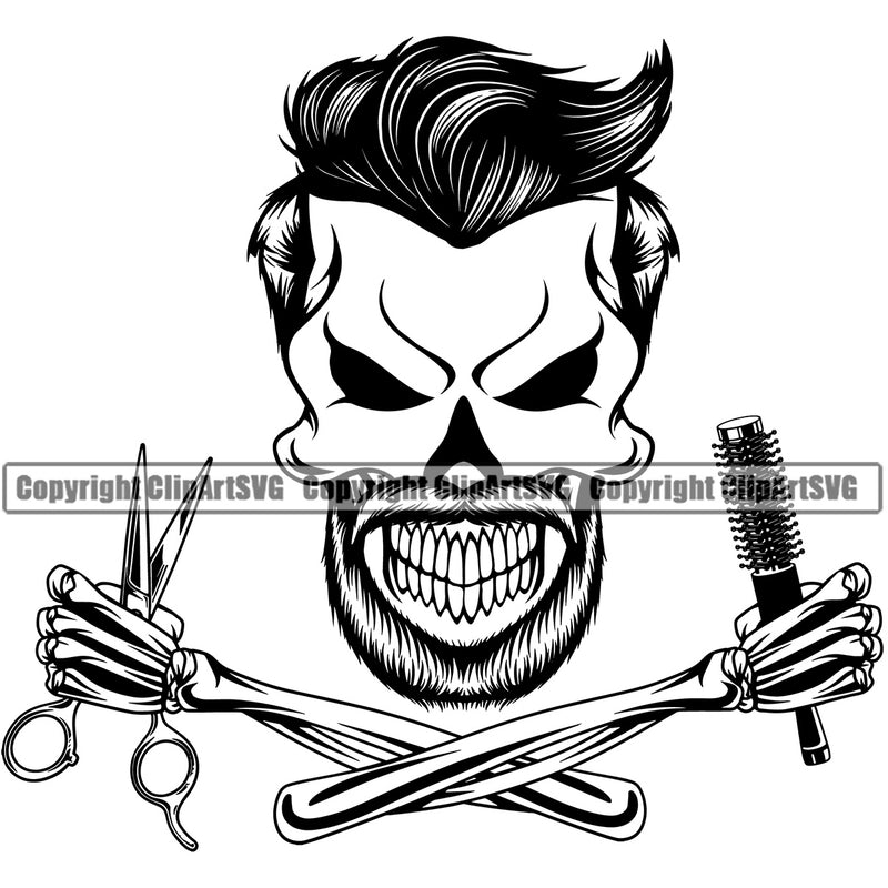 Barber Skull Design Element Mustache Hair Cut Hairdresser Haircut Hairstyle Hairstylist Beauty Salon Beard Shave Shaving Groom Grooming Retro Vintage Business Company Logo Professional Clipper Clippers Barbershop Clipart SVG