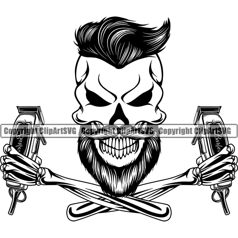 Barber Skull Arm Clipper Clippers Barbershop Hair Cut Retro Vintage Business Company Hairdresser Haircut Hairstyle Hairstylist Beauty Salon Beard Shave Shaving Groom Grooming Design Element Logo Clipart SVG