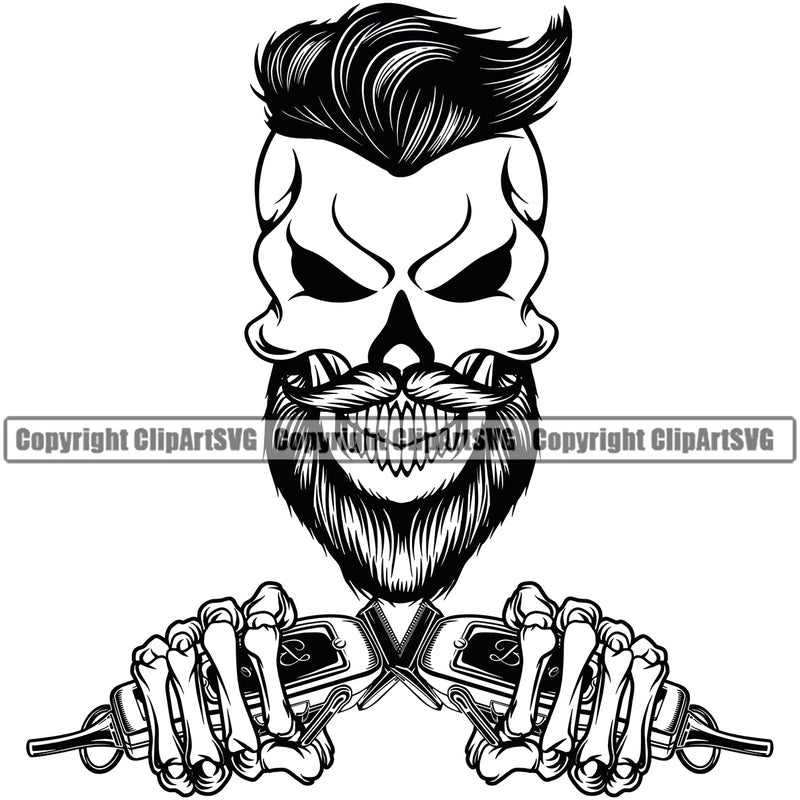 Barber Skull Barbershop Hair Cut Professional Classic Style Hairdresser Haircut Hairstyle Hairstylist Beauty Salon Beard Shave Shaving Grooming Design Element Retro Vintage Business Company Logo Clipart SVG