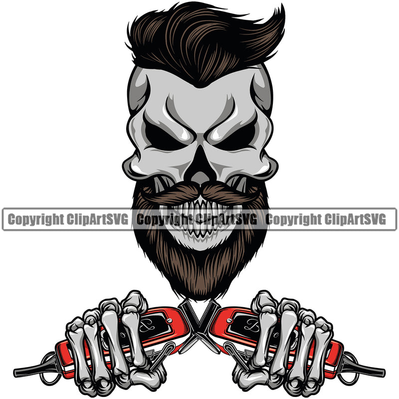 Barber Skull Clippers Barbershop Hair Beauty Salon Beard Shave Shaving Groom Grooming Retro Vintage Business Company Logo Cut Hairdresser Haircut Hairstyle Hairstylist Clipart SVG