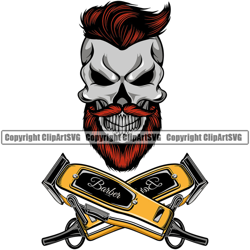 Barber Skull Design Element Clipper Clippers Haircut Hairstyle Hairstylist Beauty Salon Beard Shaving Groom Grooming Retro Vintage Business Company Barbershop Hair Cut Hairdresser Clipart SVG