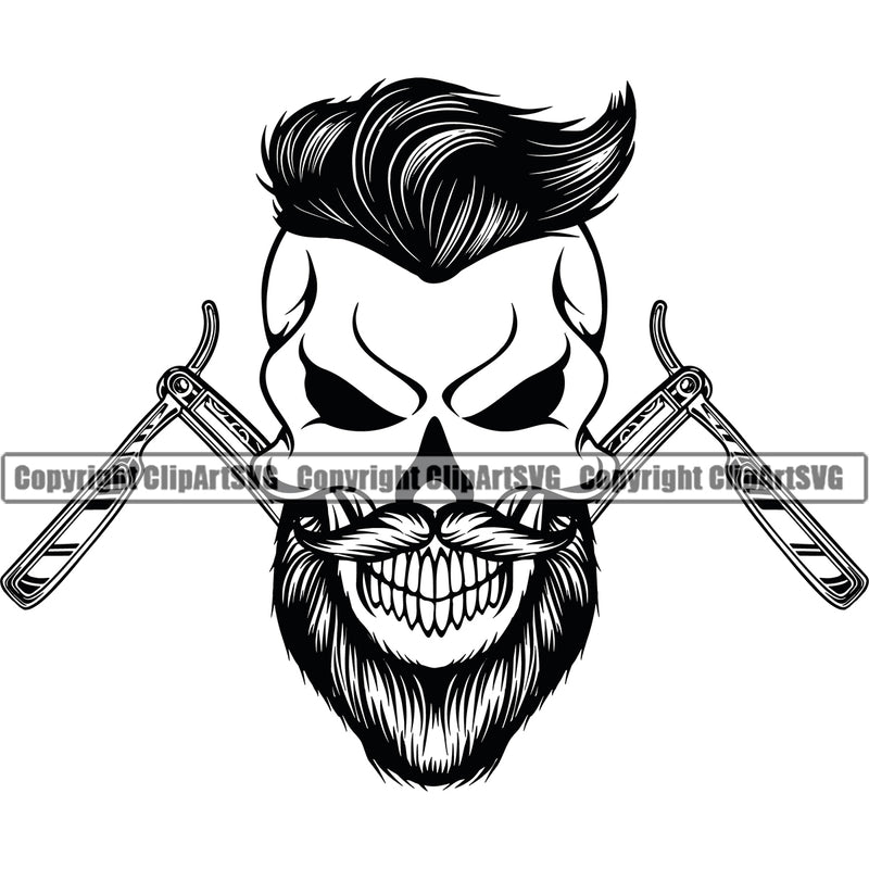Barber Skull Design Element Hairdresser Haircut Hairstyle Hairstylist Beauty Salon Beard Shave Shaving Groom Grooming Retro Vintage Business Company Clipper Clippers Barbershop Hair Cut Logo Clipart SVG
