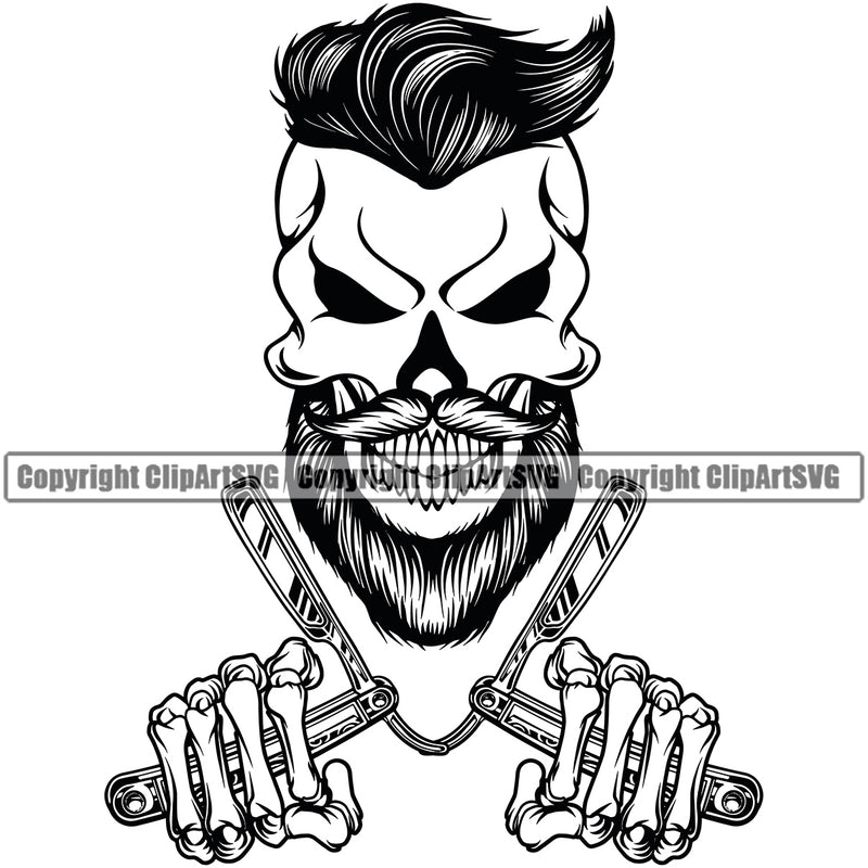 Barber Skull Black Colo Design Element Clipper Clippers Barbershop Hair Cut Hairdresser Haircut Hairstyle Hairstylist Beauty Salon Beard Shave Shaving Groom Grooming Retro Vintage Business Company Logo Clipart SVG