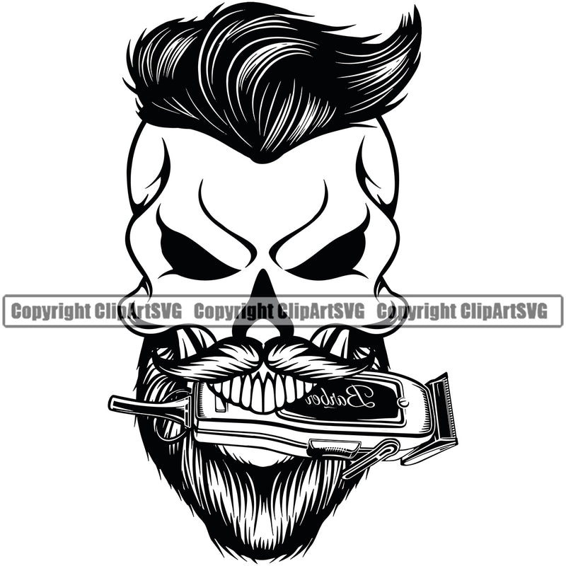 Barber Skull Head Clipper Clippers Barbershop Hair Cut Hairdresser Haircut Hairstyle Hairstylist Beauty Salon Beard Shave Shaving Groom Grooming Design Element Retro Vintage Business Company Logo Clipart SVG
