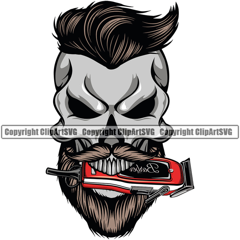 Barber Skull Design Element Clippers Barbershop Hair Cut Hairdresser Haircut Hairstyle Hairstylist Beauty Salon Beard Shave Shaving Groom Retro Vintage Business Company Logo Clipart SVG