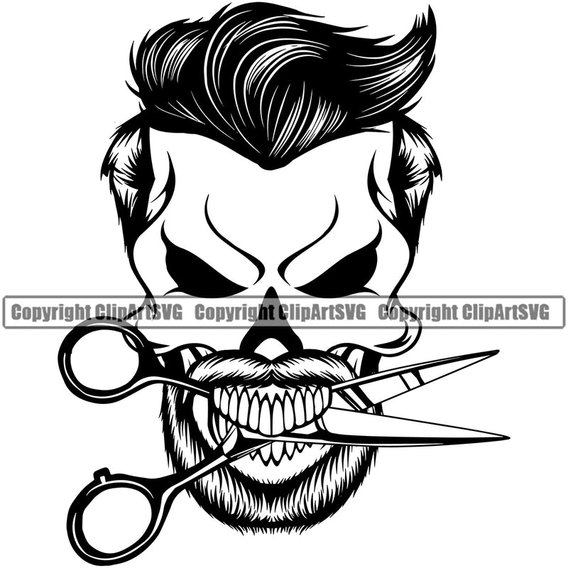 Barber Skull Black White Color Design Element Clipper Clippers Scissors Razor Barbershop Hair Cut Hairdresser Haircut Hairstyle Hairstylist Beauty Beard Shave Shaving Groom Retro Vintage Business Company Logo Clipart SVG